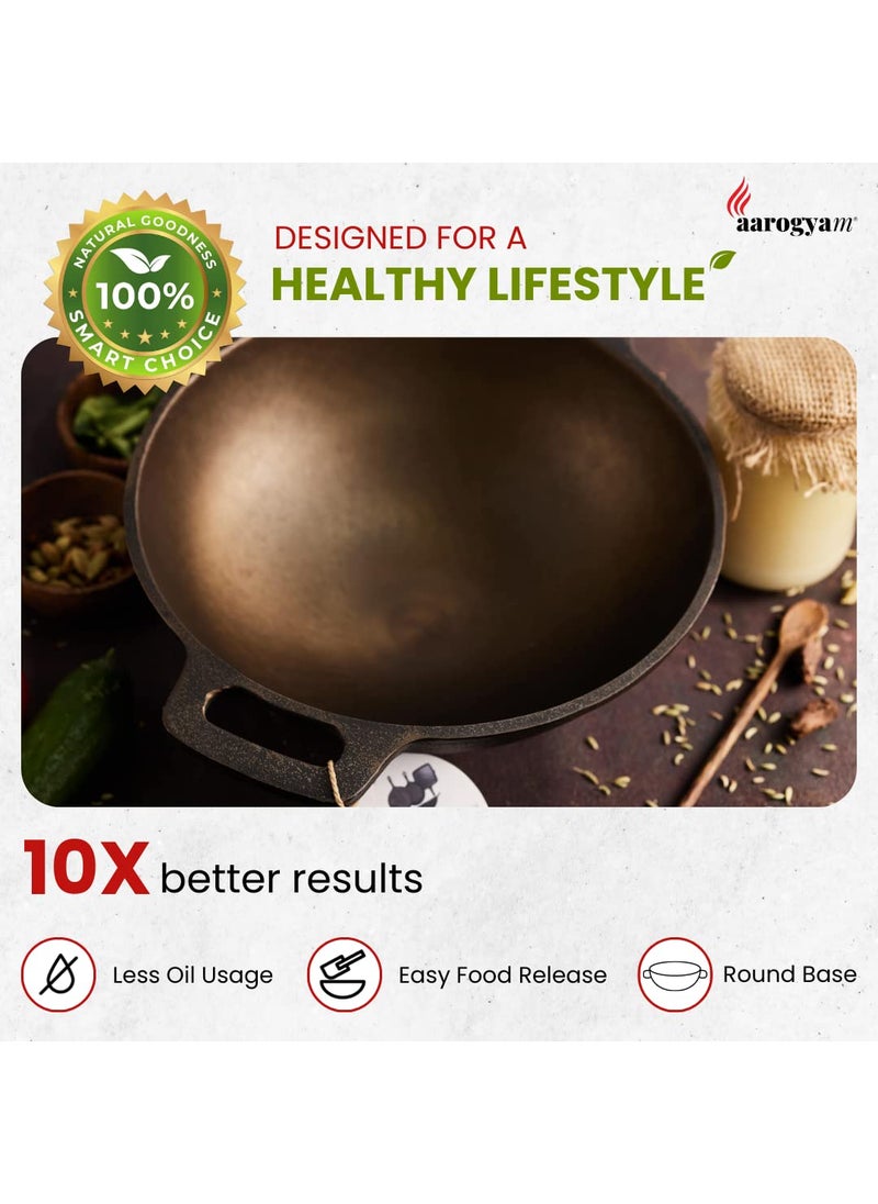Aarogyam Round Kadai 12 Inch Diameter Cast Iron Pre Seasoned Loha Kadai Oven Safe