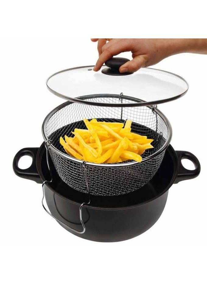 Jolfay 22cm Nonstick Frying Pan Skillet Kitchen Cookware Cast NonStick Swiss Granite Coating Kitchenware Deep Fryer Cooking Pot Non Stick Cookware Set with Fry Basket with Glass lid