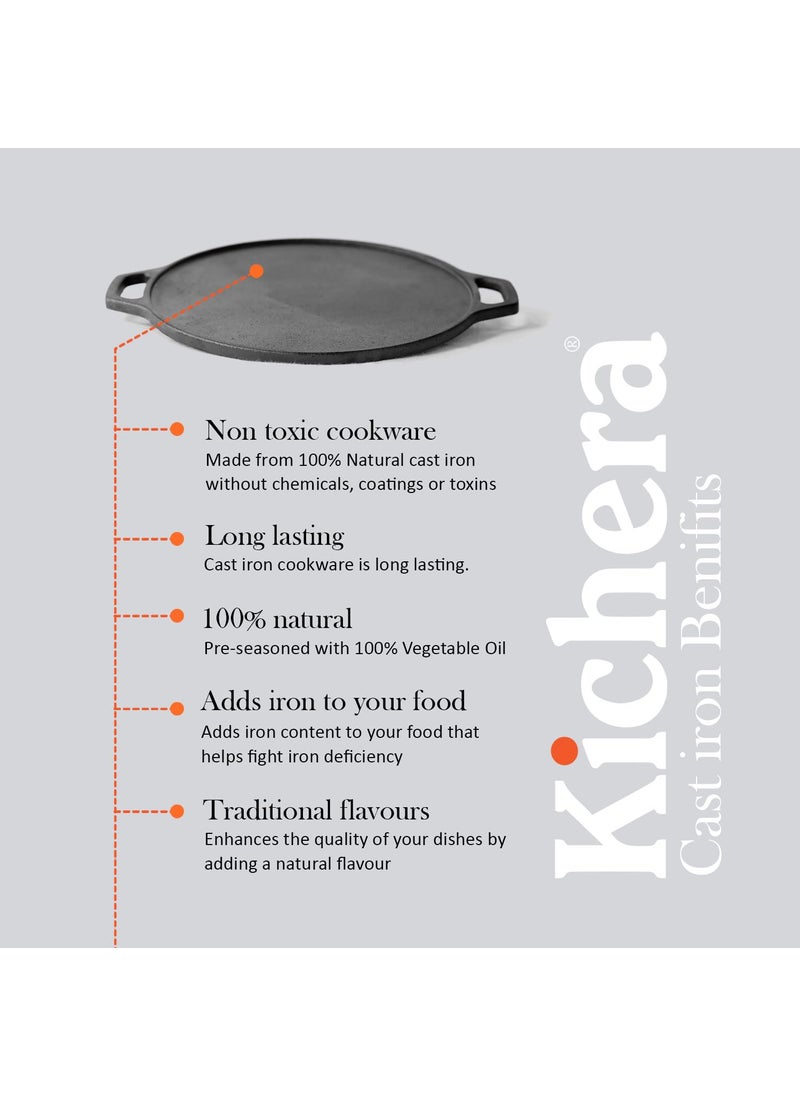 Kichera Pre Seasoned Double Loop Handle Cast Iron Dosa Tawa Roti Pan12Inch NonStick Cookware 30cm Diameter 3kg Weight Induction Friendly Pure ToxinFree