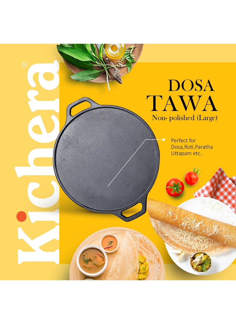Kichera Pre Seasoned Double Loop Handle Cast Iron Dosa Tawa Roti Pan12Inch NonStick Cookware 30cm Diameter 3kg Weight Induction Friendly Pure ToxinFree