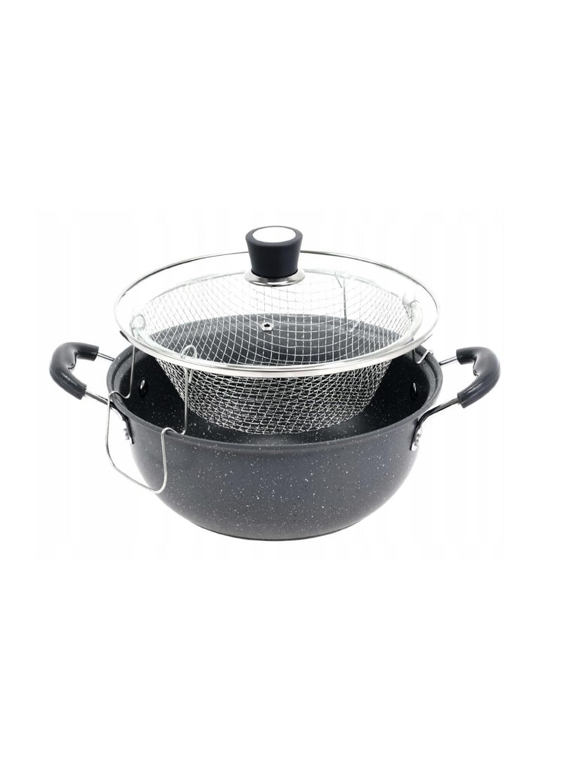 Jolfay Tempura 22cm Frying Pan Pasta Pan Deep Frying Pan with Deep Frying Basket Induction Fry Pasta pan cookers Steam Rack Non Stick pan with Glass lid