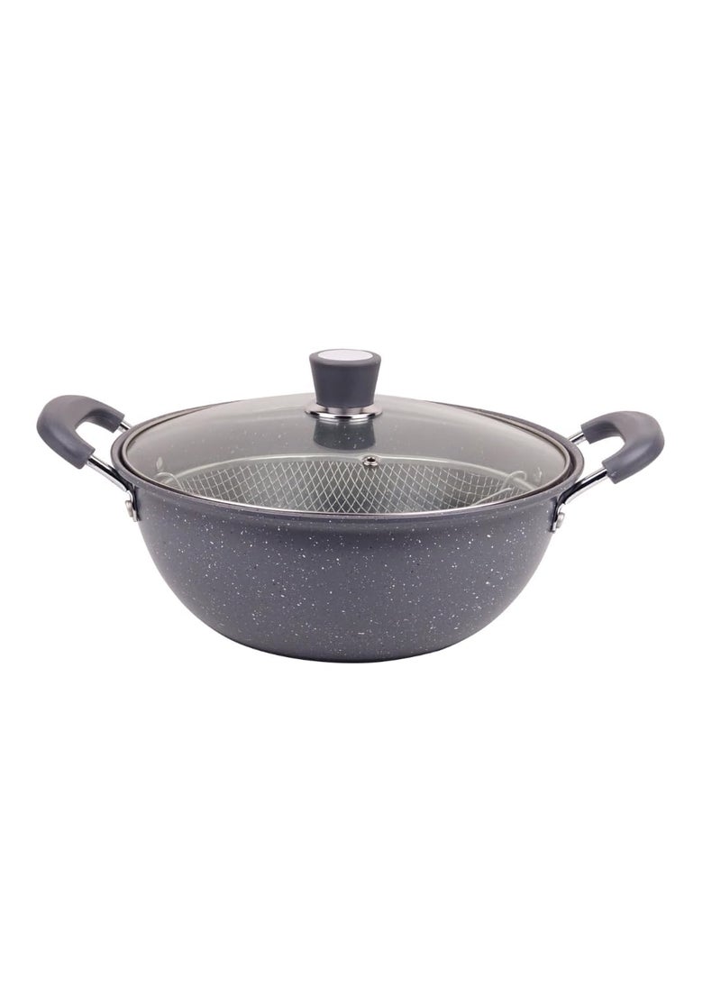Jolfay Tempura 22cm Frying Pan Pasta Pan Deep Frying Pan with Deep Frying Basket Induction Fry Pasta pan cookers Steam Rack Non Stick pan with Glass lid