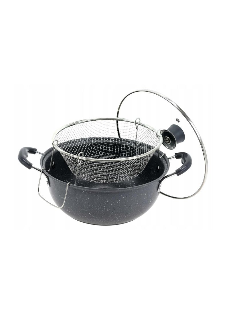 Jolfay Tempura 22cm Frying Pan Pasta Pan Deep Frying Pan with Deep Frying Basket Induction Fry Pasta pan cookers Steam Rack Non Stick pan with Glass lid