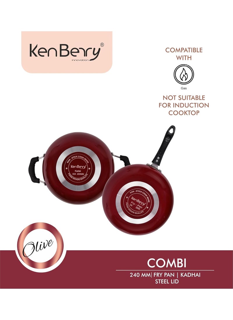 KenBerry Olive 240 Superior Non Stick Kitchen Combo Kadhai Fry Pan Steel Lid NonStick Cookware Set Aluminium 3 PCs Set Non Induction Base