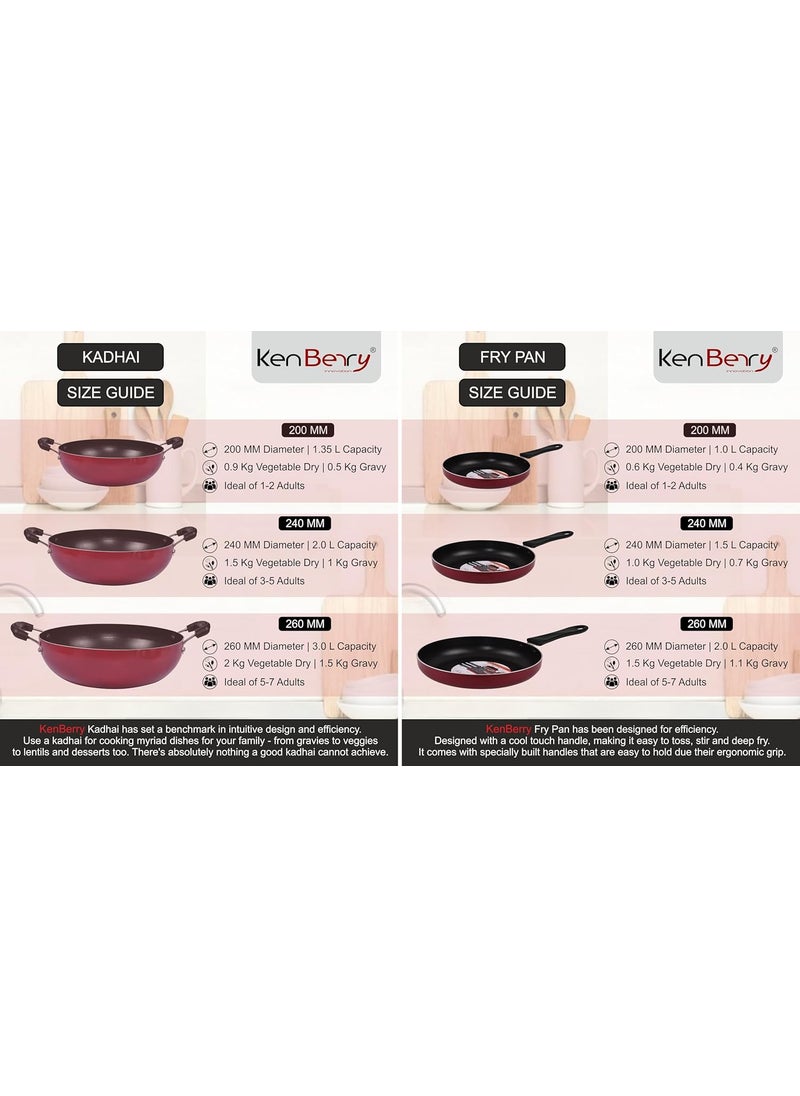 KenBerry Olive 240 Superior Non Stick Kitchen Combo Kadhai Fry Pan Steel Lid NonStick Cookware Set Aluminium 3 PCs Set Non Induction Base