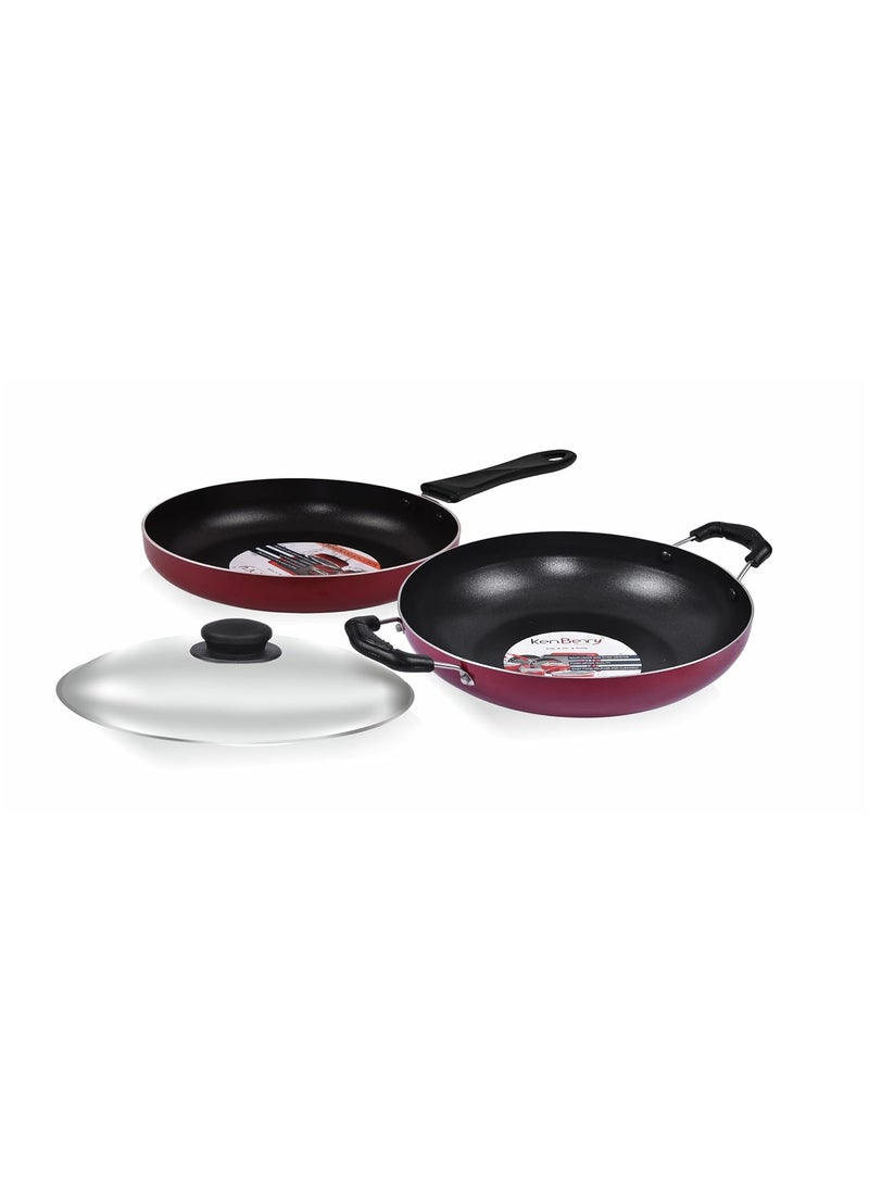 KenBerry Olive 240 Superior Non Stick Kitchen Combo Kadhai Fry Pan Steel Lid NonStick Cookware Set Aluminium 3 PCs Set Non Induction Base