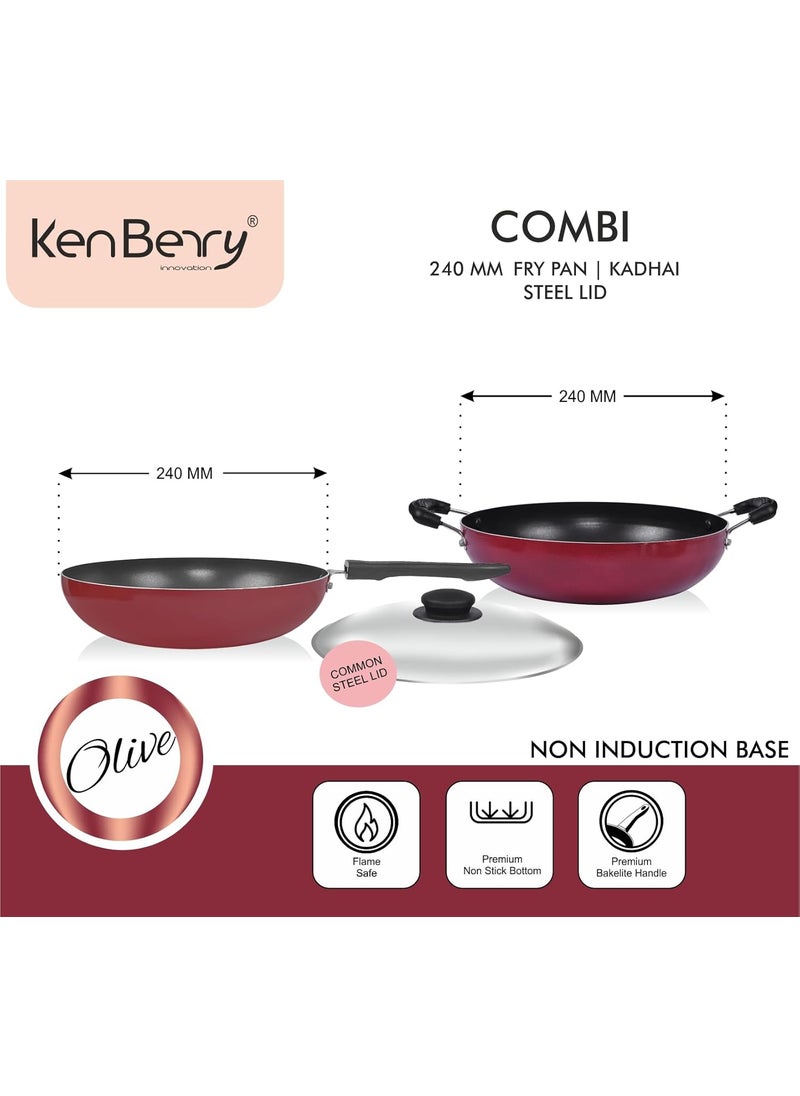 KenBerry Olive 240 Superior Non Stick Kitchen Combo Kadhai Fry Pan Steel Lid NonStick Cookware Set Aluminium 3 PCs Set Non Induction Base