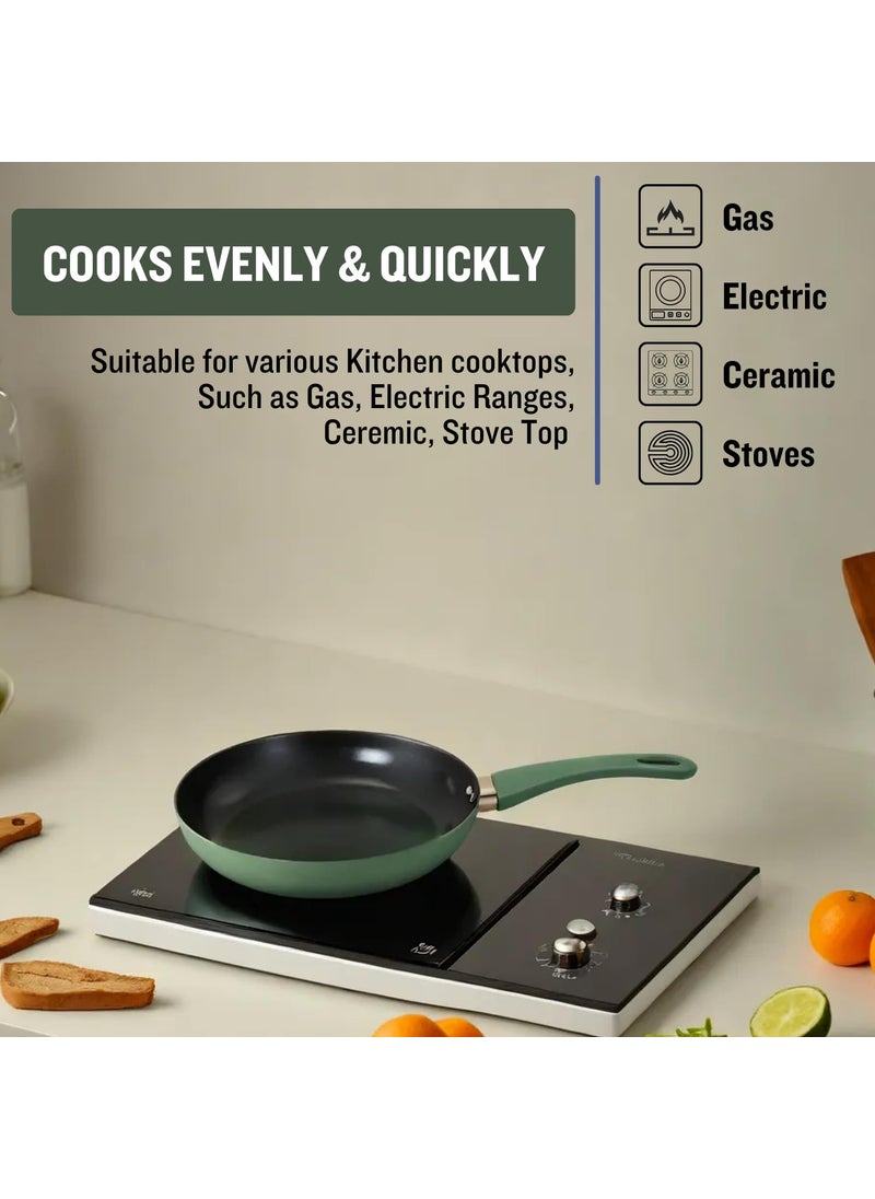 PLUMM Get Non Stick Frying Pan Granite Omlette Egg Pan InductionGas Fry Pan Fish Pan PFOA Free Fry Pan with Wooden Handle 28 CM Green 1 Year Warranty