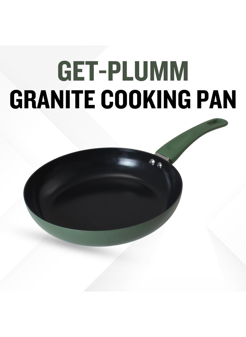 PLUMM Get Non Stick Frying Pan Granite Omlette Egg Pan InductionGas Fry Pan Fish Pan PFOA Free Fry Pan with Wooden Handle 28 CM Green 1 Year Warranty