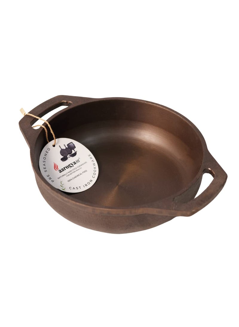 Aarogyam Flat Kadai 9 Inch Diameter Cast Iron Induction Friendly Pre Seasoned Loha Kadai Oven Safe