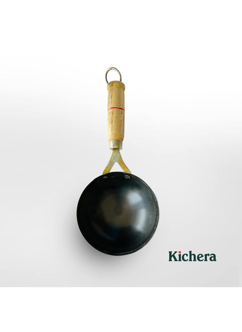 Kichera 5 Inch PreSeasoned Iron Tadka Pan with Wooden Handle 13cm 04kg Thalippu karandi Gas Compatible Frying Pan for Eggs Spices and More