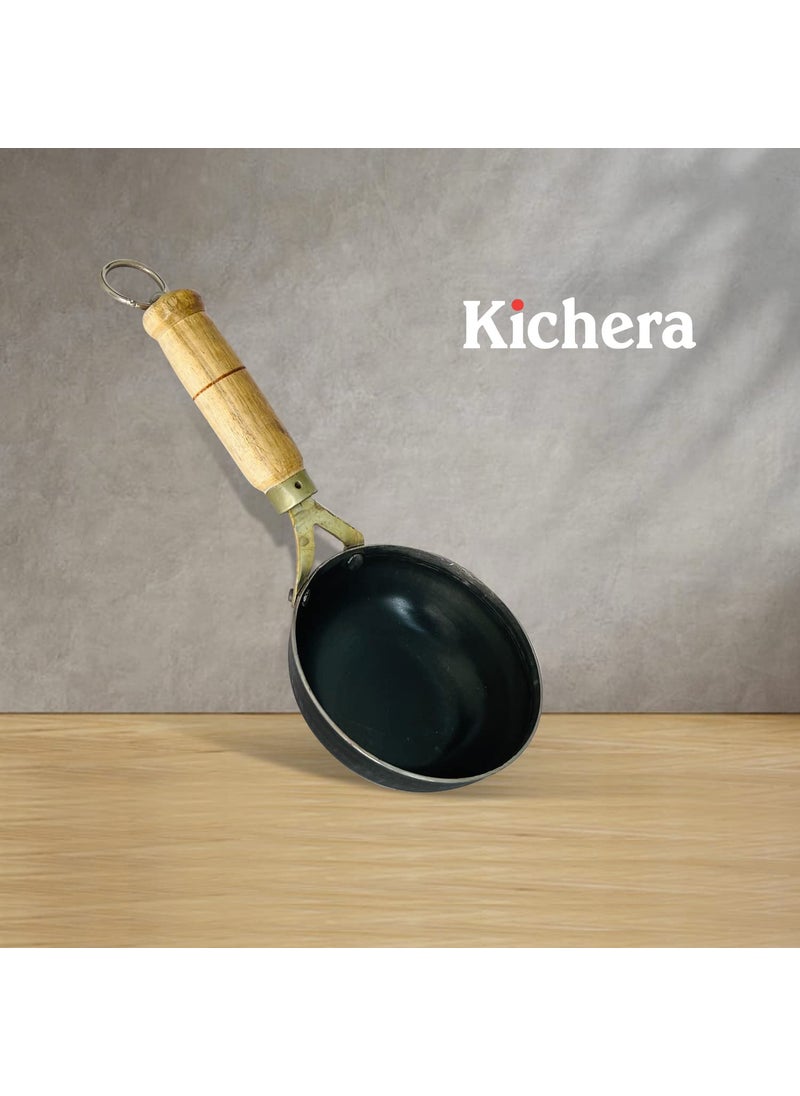 Kichera 5 Inch PreSeasoned Iron Tadka Pan with Wooden Handle 13cm 04kg Thalippu karandi Gas Compatible Frying Pan for Eggs Spices and More
