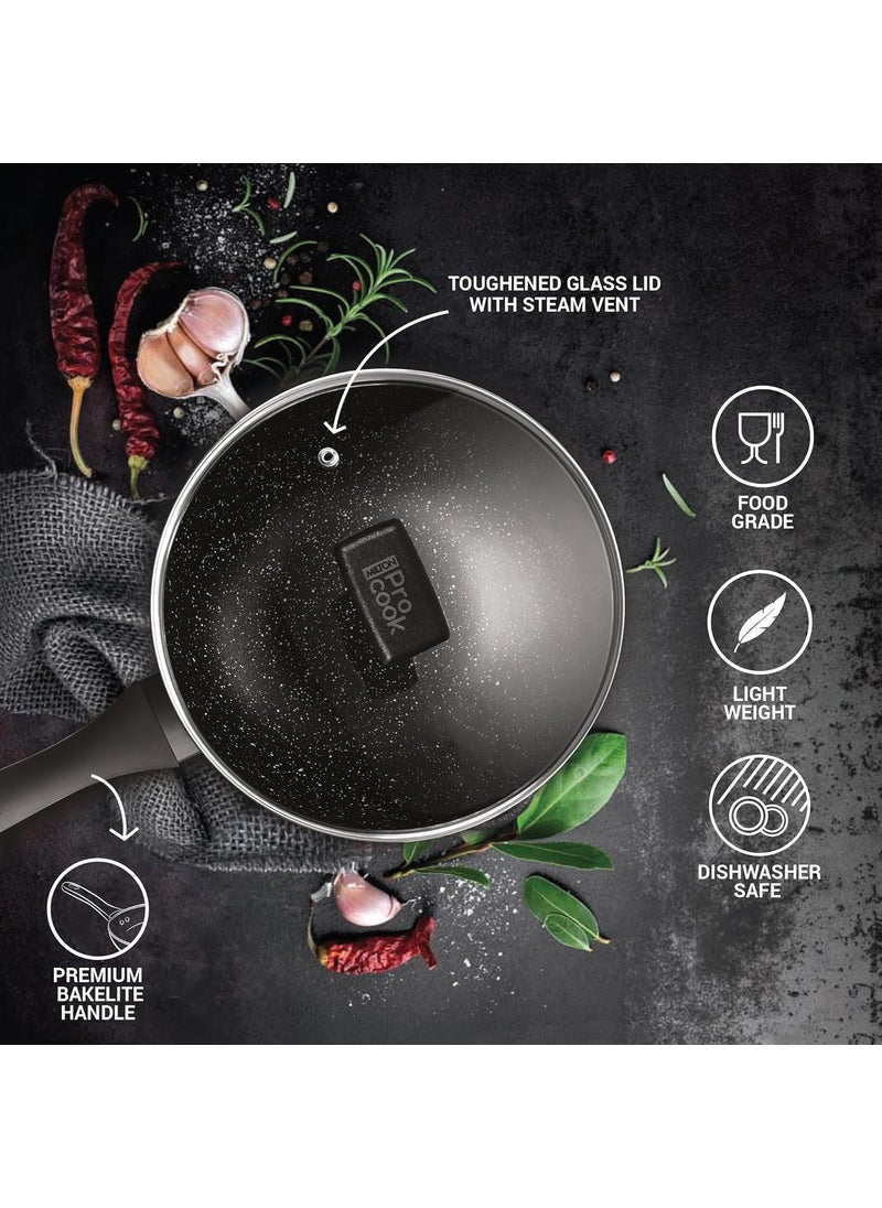 MILTON Pro cook Granito Fry Pan with Glass Lid 24 cm Frying Pan for StirFry Omlette Egg Pan Saut Fish Frypan NonStick Cookware Induction Gas Friendly 2 Years Warranty Burgundy