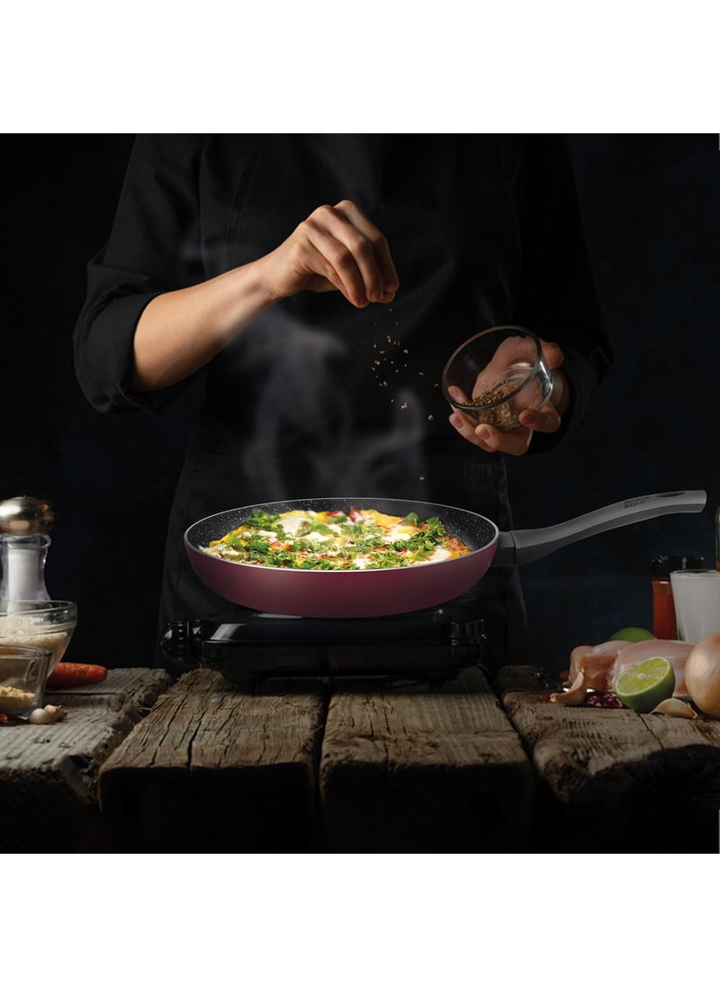 MILTON Pro cook Granito Fry Pan with Glass Lid 24 cm Frying Pan for StirFry Omlette Egg Pan Saut Fish Frypan NonStick Cookware Induction Gas Friendly 2 Years Warranty Burgundy