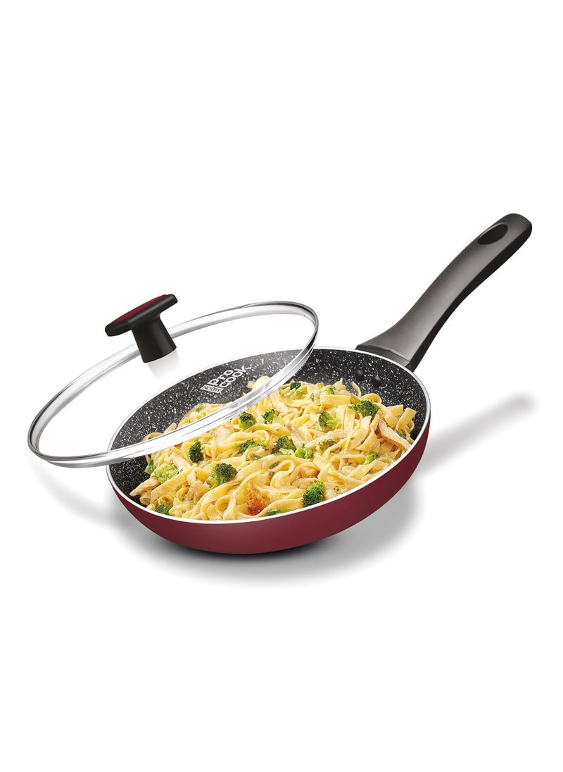 MILTON Pro cook Granito Fry Pan with Glass Lid 24 cm Frying Pan for StirFry Omlette Egg Pan Saut Fish Frypan NonStick Cookware Induction Gas Friendly 2 Years Warranty Burgundy