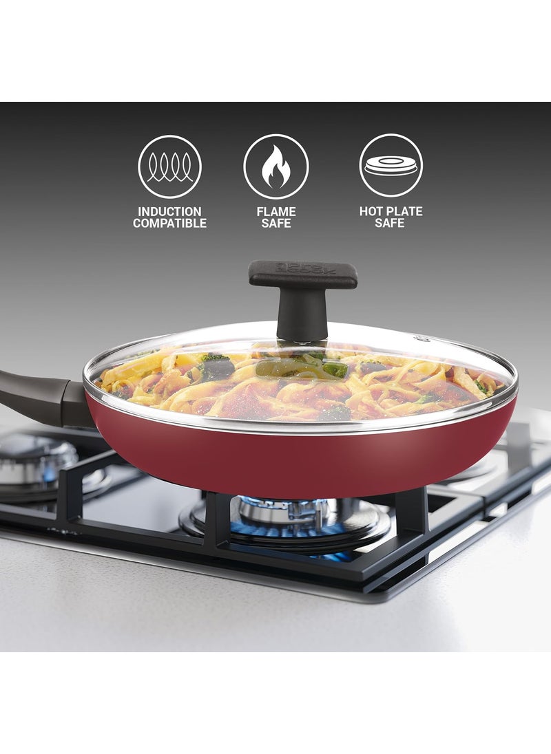 MILTON Pro cook Granito Fry Pan with Glass Lid 24 cm Frying Pan for StirFry Omlette Egg Pan Saut Fish Frypan NonStick Cookware Induction Gas Friendly 2 Years Warranty Burgundy