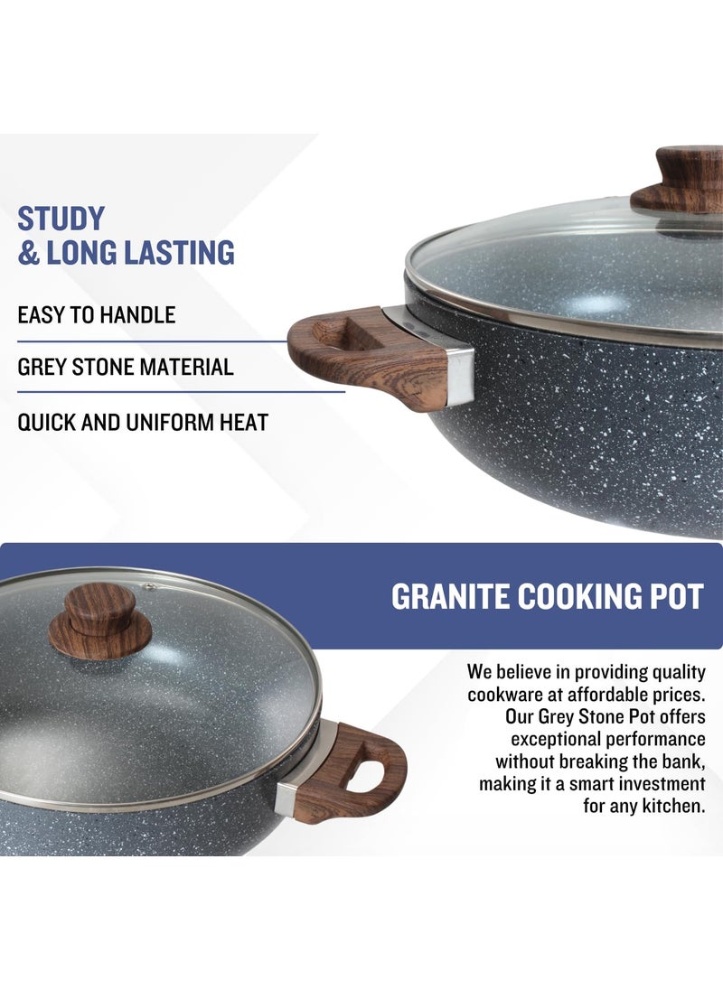 PLUMM Get Granite Kadhai Wooden Lid Granite Stone Kadhai Deep Frying Pot Induction Kadai Induction Base Deep Kadai 1 Year Warranty Biryani Pot 20cmGrey