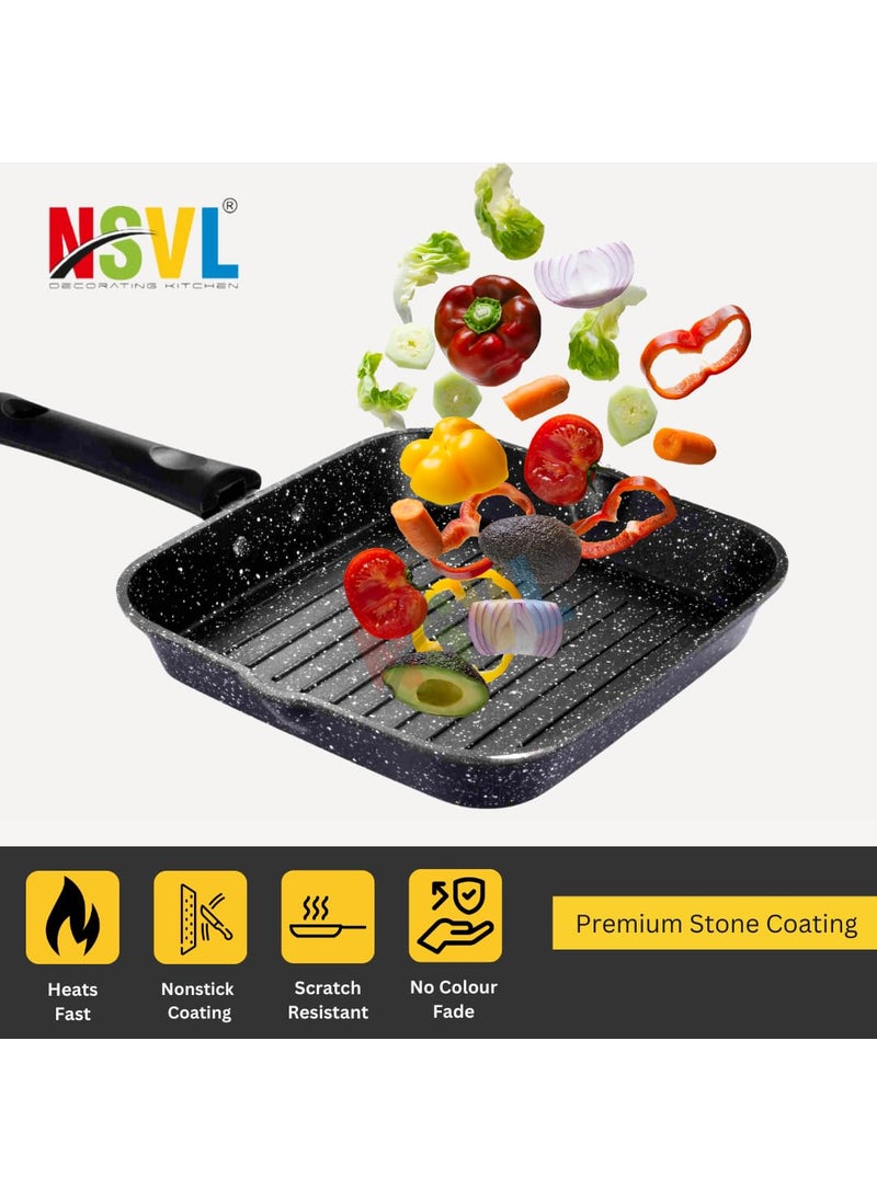NSVL Non Stick Grill Pan Aluminium Square Gas Stove Compatible Grill Pan Grill Pan 22 cm Diameter 1 L Capacity Aluminium NonStick