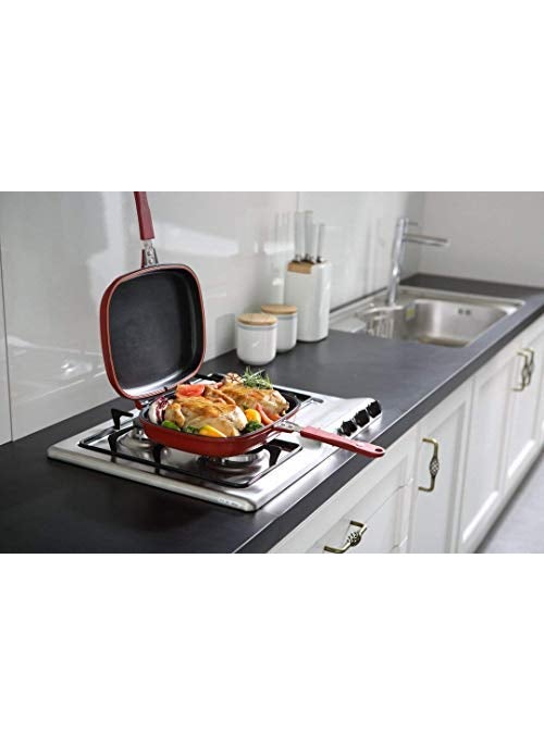 ONTRIP Magic DoubleSide Foldable Ceramic Coating NonStick Grill Happy Call Frying Pan with 28 cm Strong Magnetic Handles