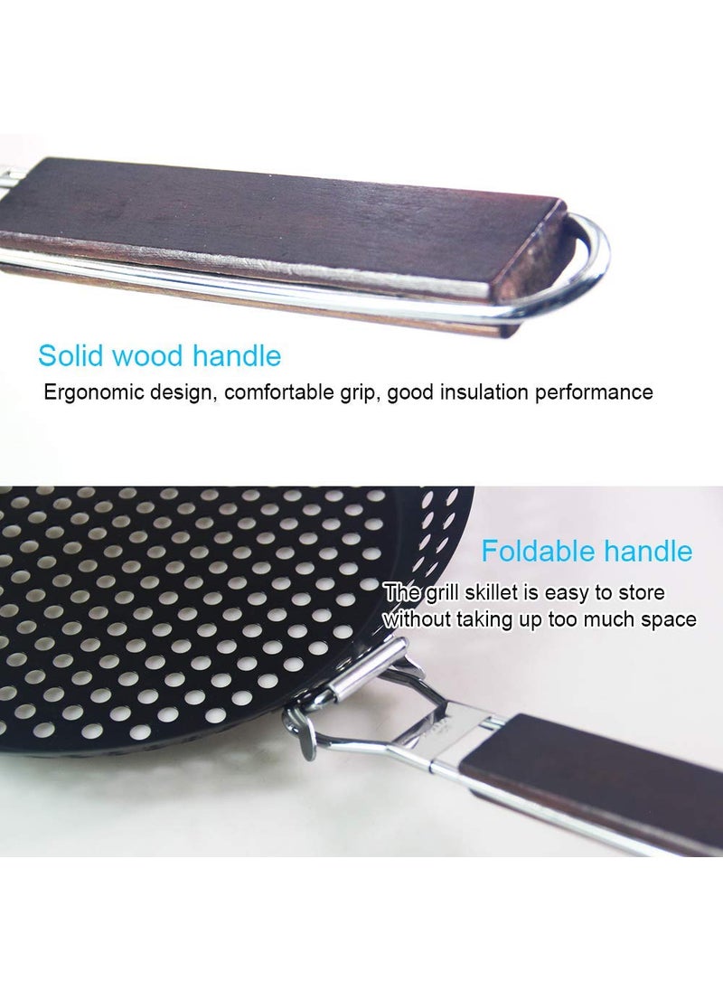 Kruvad Nonstick Grilling Skillet Folding Handle Griddle Versatile Outdoor Cooking Tool Portable Grill Pan Barbecue Pan for Vegetables Seafood Meat