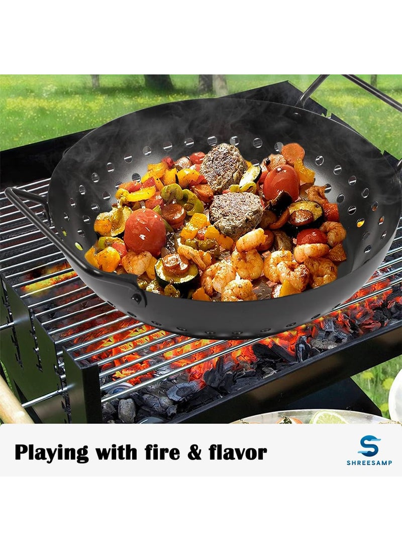 SHREESAMP Stainless Steel NonStick Wok Topper Grilling Pan with Holes Handles Heavy Duty Grill Tray Flat Top Reusable Outdoor Camping Cookware BBQ Grill Accessories for Oven Fish 285X 23X 9 CM