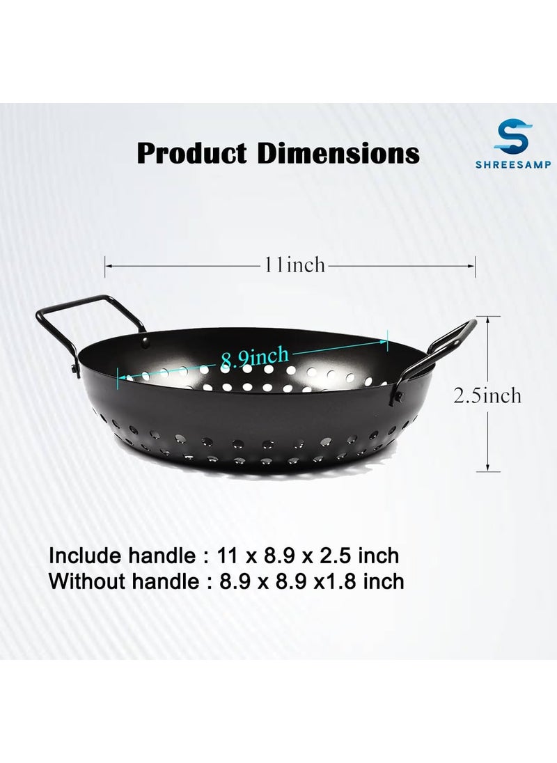 SHREESAMP Stainless Steel NonStick Wok Topper Grilling Pan with Holes Handles Heavy Duty Grill Tray Flat Top Reusable Outdoor Camping Cookware BBQ Grill Accessories for Oven Fish 285X 23X 9 CM