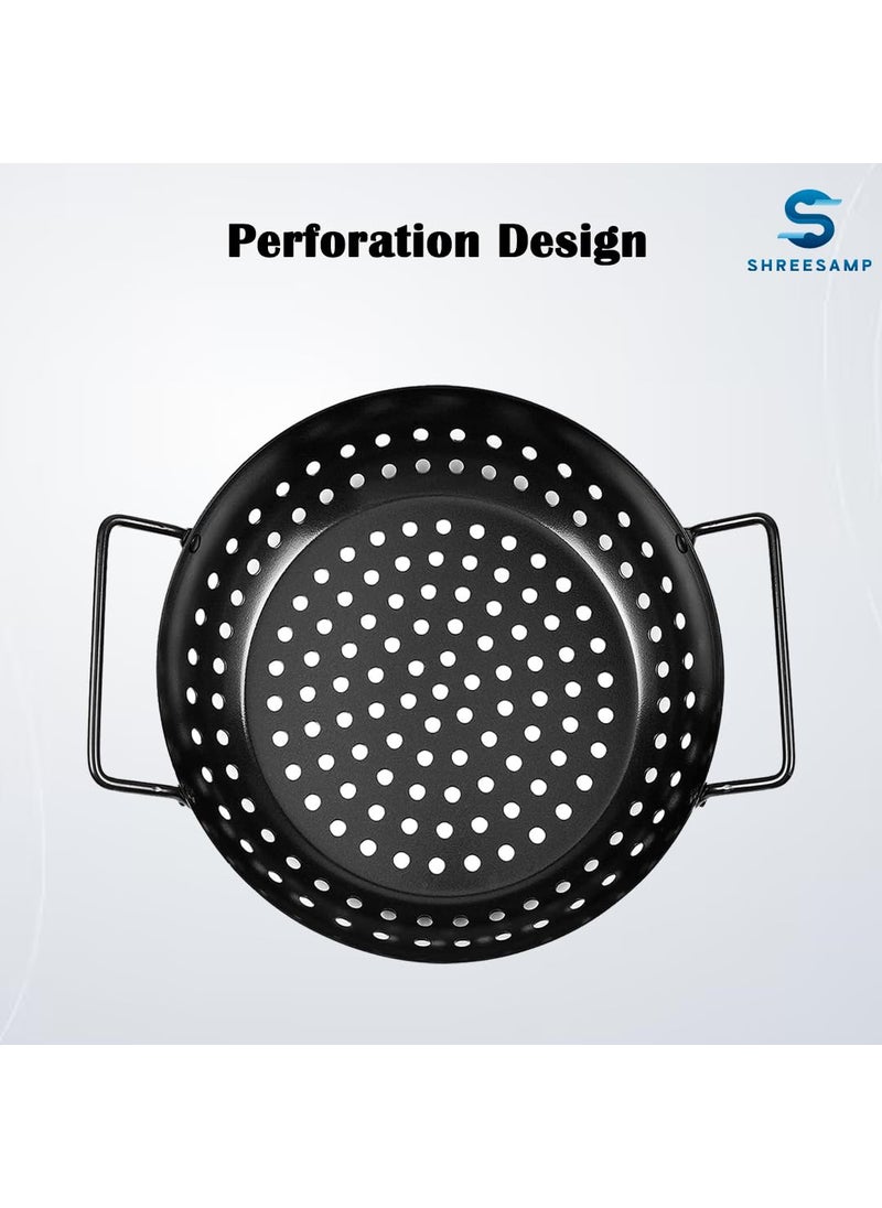 SHREESAMP Stainless Steel NonStick Wok Topper Grilling Pan with Holes Handles Heavy Duty Grill Tray Flat Top Reusable Outdoor Camping Cookware BBQ Grill Accessories for Oven Fish 285X 23X 9 CM