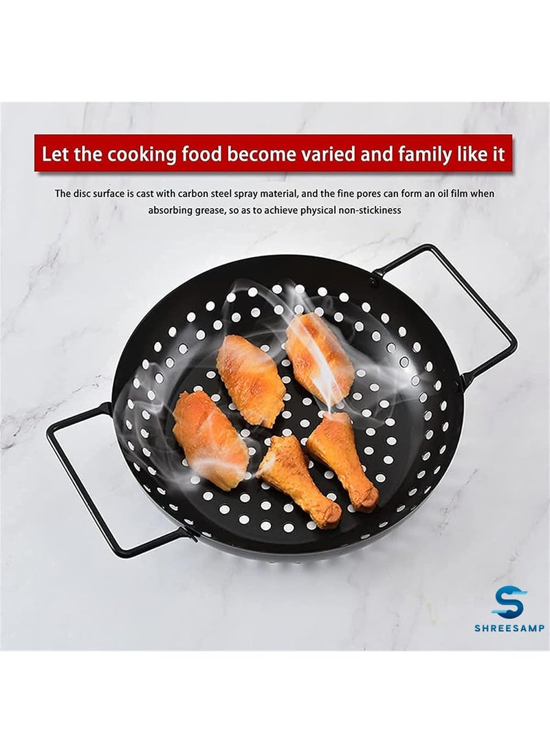 SHREESAMP Stainless Steel NonStick Wok Topper Grilling Pan with Holes Handles Heavy Duty Grill Tray Flat Top Reusable Outdoor Camping Cookware BBQ Grill Accessories for Oven Fish 285X 23X 9 CM