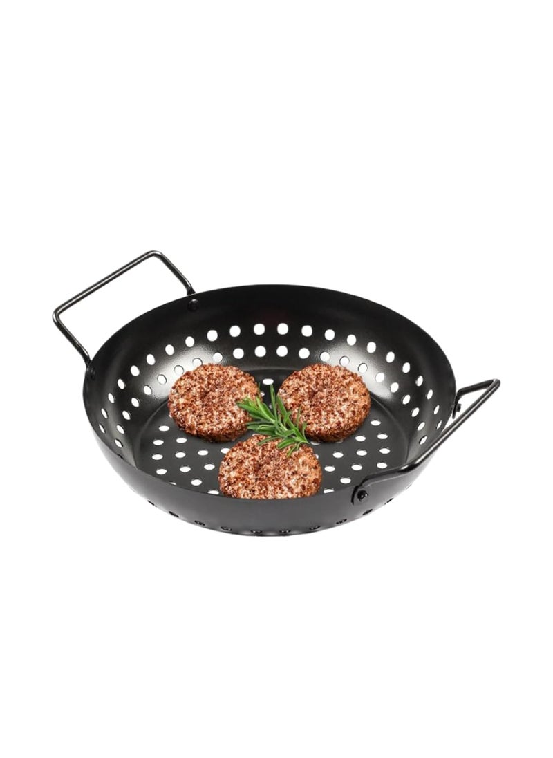 SHREESAMP Stainless Steel NonStick Wok Topper Grilling Pan with Holes Handles Heavy Duty Grill Tray Flat Top Reusable Outdoor Camping Cookware BBQ Grill Accessories for Oven Fish 285X 23X 9 CM