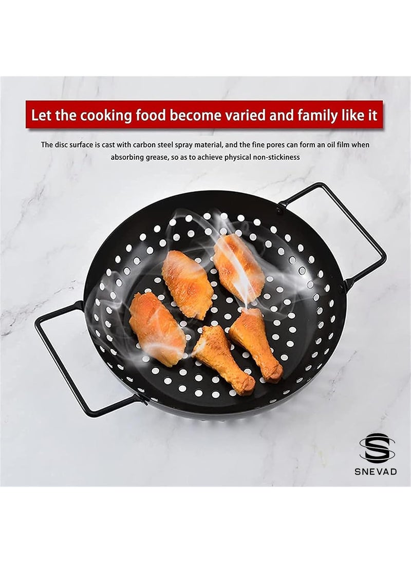 Snevad Grill Topper Pan Cast Iron BBQ Grill Accessories Outdoor Grill Pans Round NonStick Grill Topper with Holes Handles Heavy Duty Grill Tray Flat Top Reusable Cookware for Oven Fish 28x23x4 CM