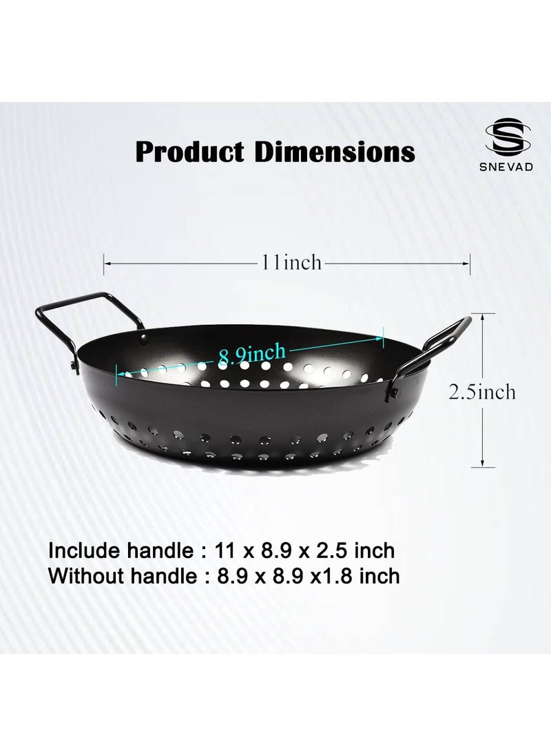 Snevad Grill Topper Pan Cast Iron BBQ Grill Accessories Outdoor Grill Pans Round NonStick Grill Topper with Holes Handles Heavy Duty Grill Tray Flat Top Reusable Cookware for Oven Fish 28x23x4 CM