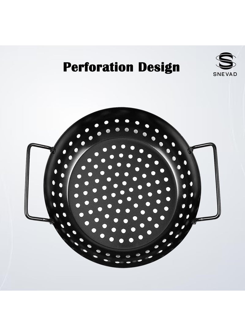 Snevad Grill Topper Pan Cast Iron BBQ Grill Accessories Outdoor Grill Pans Round NonStick Grill Topper with Holes Handles Heavy Duty Grill Tray Flat Top Reusable Cookware for Oven Fish 28x23x4 CM