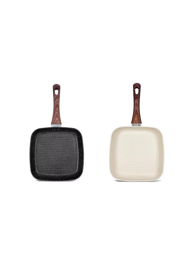 HaRvic Cast Iron Grill Pan Striped Steak Grill Pan with Wooden HandleInduction Friendly Cast Iron Pan for Home Use Thick and Pure 100 Non Toxic Gill Pan White 28cm