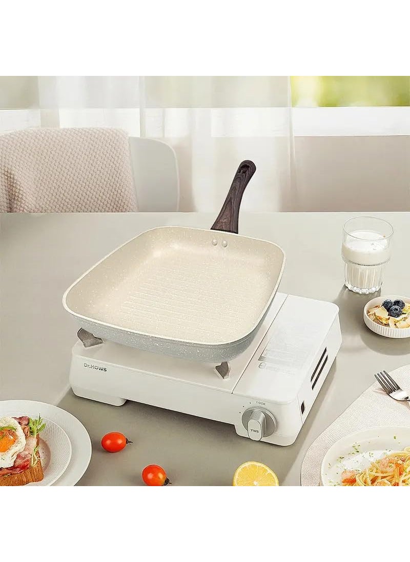 HaRvic Cast Iron Grill Pan Striped Steak Grill Pan with Wooden HandleInduction Friendly Cast Iron Pan for Home Use Thick and Pure 100 Non Toxic Gill Pan White 28cm