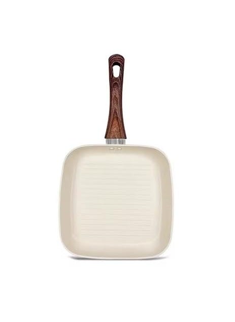 HaRvic Cast Iron Grill Pan Striped Steak Grill Pan with Wooden HandleInduction Friendly Cast Iron Pan for Home Use Thick and Pure 100 Non Toxic Gill Pan White 28cm