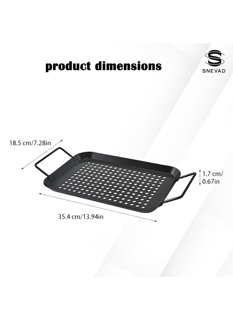 Snevad Square BBQ Grill Pan with Handle and Hole NonStick Carbon Steel Grill Basket for Outdoor Cooking Accessories for Fish Meat Vegetables Camping Cookware 35x185x1CM