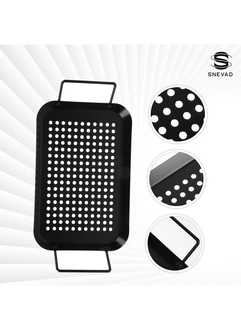 Snevad Square BBQ Grill Pan with Handle and Hole NonStick Carbon Steel Grill Basket for Outdoor Cooking Accessories for Fish Meat Vegetables Camping Cookware 35x185x1CM