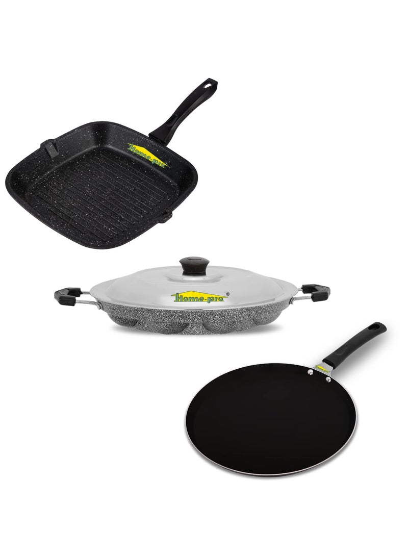 HomePro Grill Pan Dosa Tawa Black Appam Silver Non Stick Combos Pot Pan Set Aluminium Set Bakelite Handle Combo Pack of 3