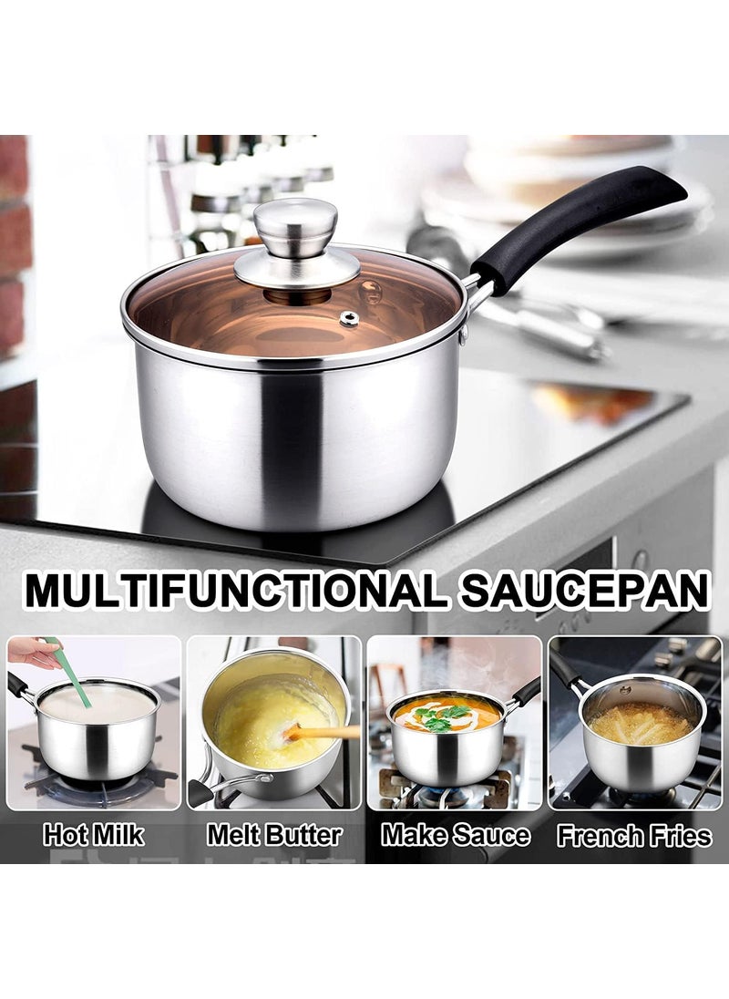 KIRFIZ Stainless Steel Sauce Pan with Lid Coffee Milk Cooking Saucepan Pots Milk Pan Cookware Professional with Long Handle Milk panTea panSauce panMilk Soup Pan for Home Kitchen Restaurant