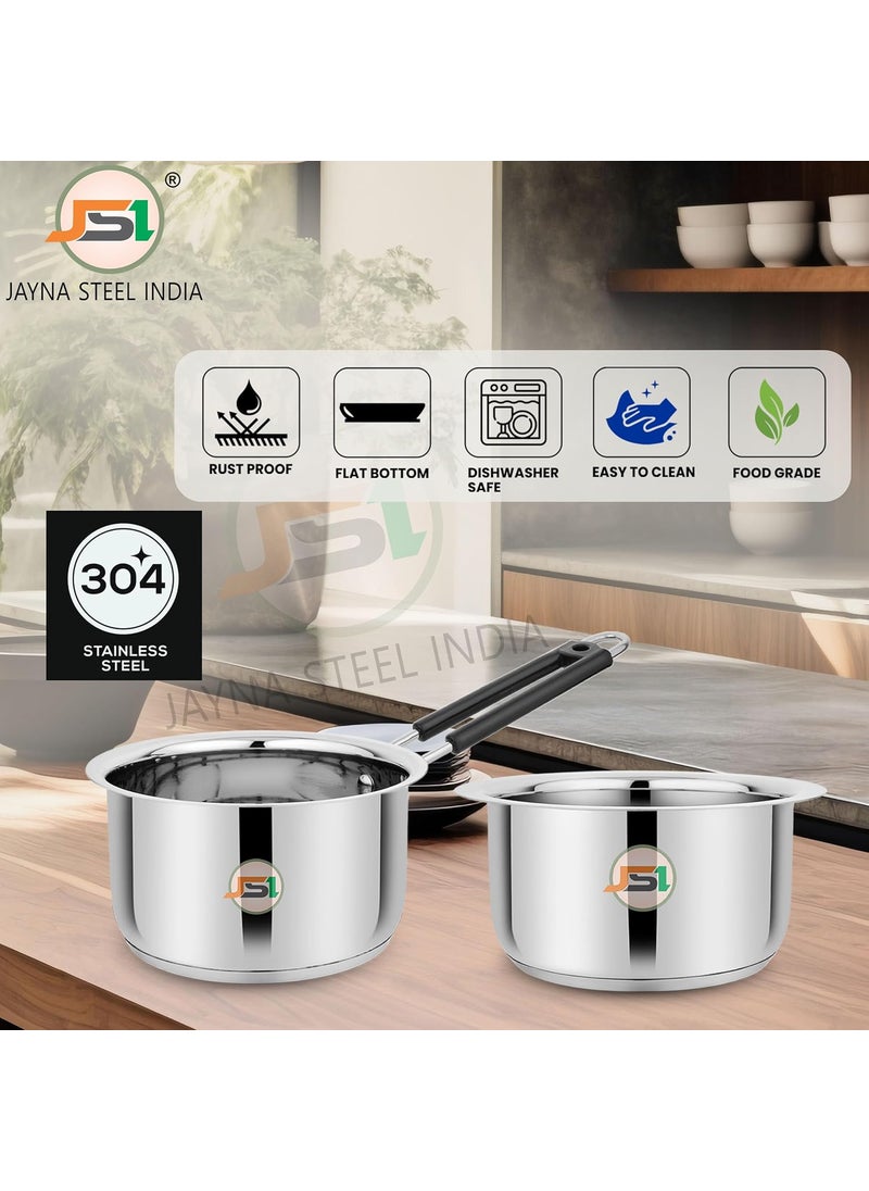 JSI Stainless Steel Milk Tope 18cm Tea Saucepan 17cm Cookware Combo Set of 2 Pcs TRIPLY Base Cooking Set with Heavy 430 Magnetic Base Induction Gas Stove Friendly Durable and Sturdy