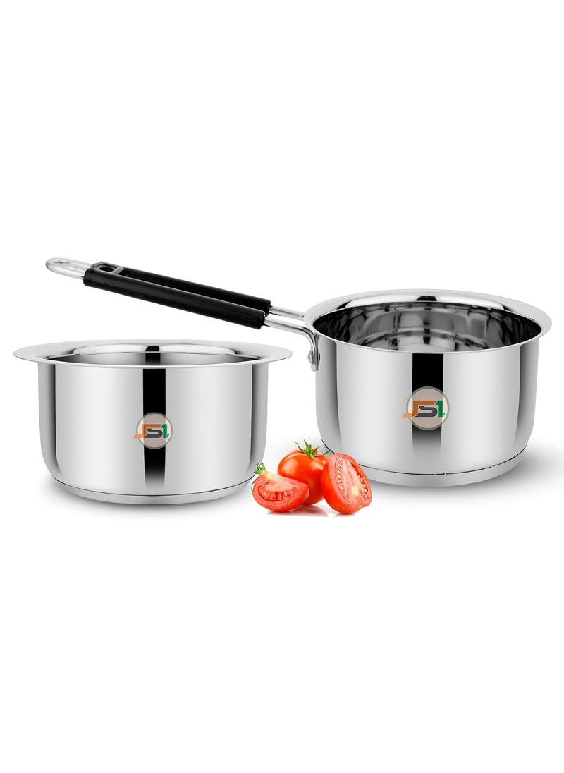 JSI Stainless Steel Milk Tope 18cm Tea Saucepan 17cm Cookware Combo Set of 2 Pcs TRIPLY Base Cooking Set with Heavy 430 Magnetic Base Induction Gas Stove Friendly Durable and Sturdy