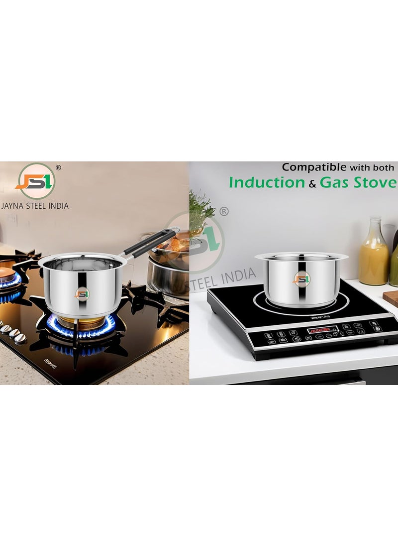 JSI Stainless Steel Milk Tope 18cm Tea Saucepan 17cm Cookware Combo Set of 2 Pcs TRIPLY Base Cooking Set with Heavy 430 Magnetic Base Induction Gas Stove Friendly Durable and Sturdy