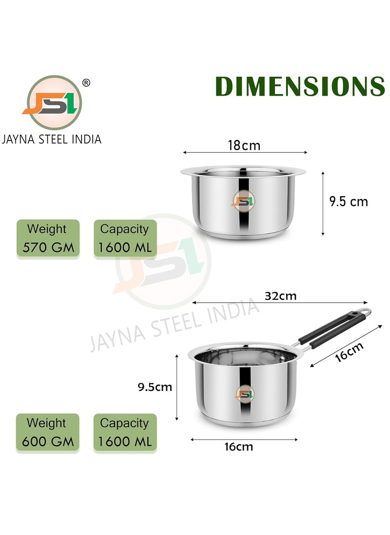 JSI Stainless Steel Milk Tope 18cm Tea Saucepan 17cm Cookware Combo Set of 2 Pcs TRIPLY Base Cooking Set with Heavy 430 Magnetic Base Induction Gas Stove Friendly Durable and Sturdy