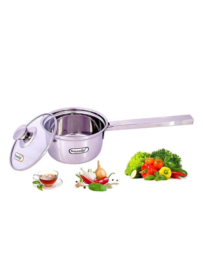 SQUARO Stainless Steel Heavy Base Saucepan with Toughen Glass Lid Induction Gas Stove Friendly Cook and Serve with Toughen Glass Lids 1 Pcs Small Capacity 1 LTR