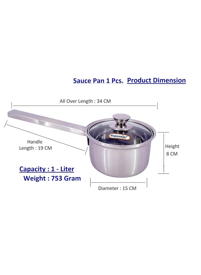 SQUARO Stainless Steel Heavy Base Saucepan with Toughen Glass Lid Induction Gas Stove Friendly Cook and Serve with Toughen Glass Lids 1 Pcs Small Capacity 1 LTR