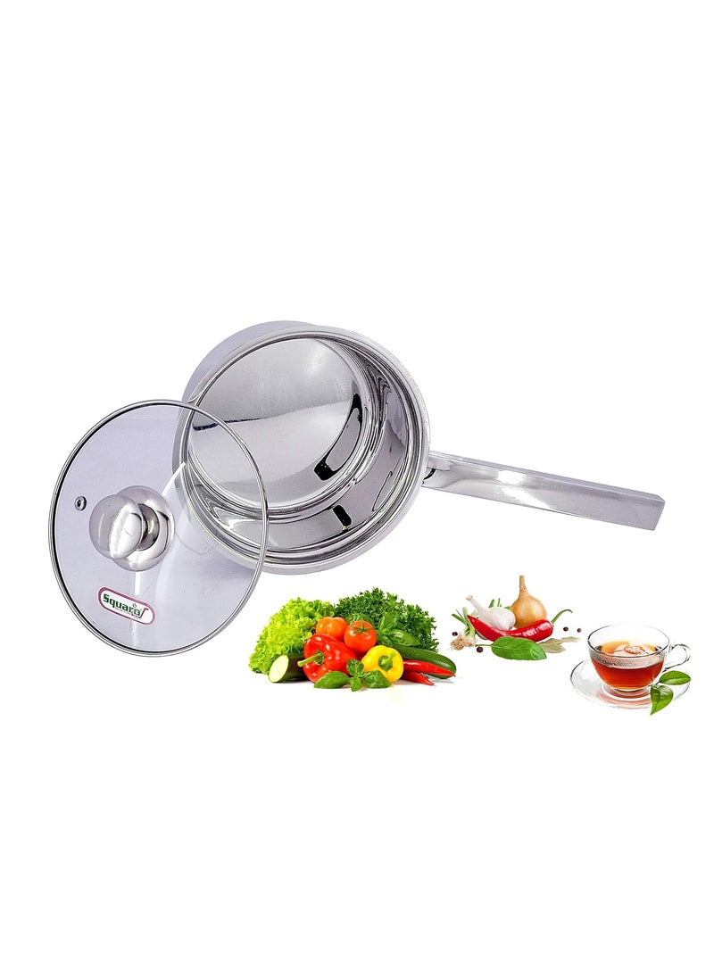 SQUARO Stainless Steel Heavy Base Saucepan with Toughen Glass Lid Induction Gas Stove Friendly Cook and Serve with Toughen Glass Lids 1 Pcs Small Capacity 1 LTR