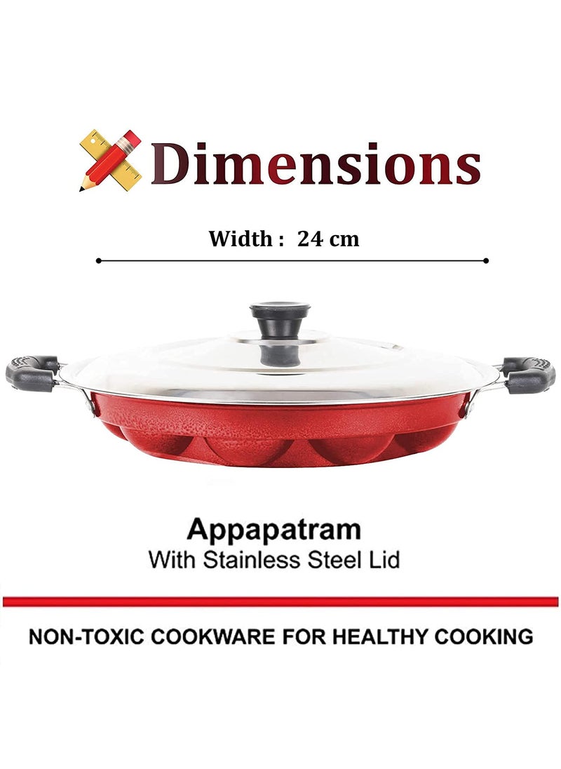 Wheel CREW 12 Cavities Non Stick Aluminum Appam Patra with Lid Appam Pan Cake Maker Red