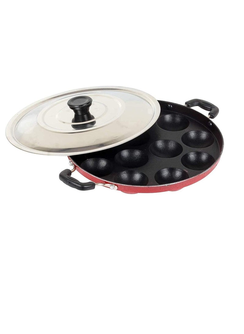 Wheel CREW 12 Cavities Non Stick Aluminum Appam Patra with Lid Appam Pan Cake Maker Red