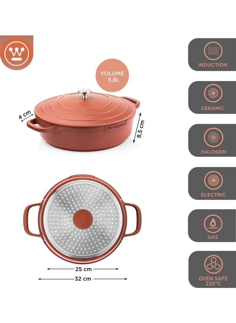 Westinghouse Performance Series 32 cm Orange Casserole Saut Pan with Lid Handle Holder NonStick Induction Oven Safe Dishwasher Friendly HeavyDuty Aluminum Cookware for All Hobs