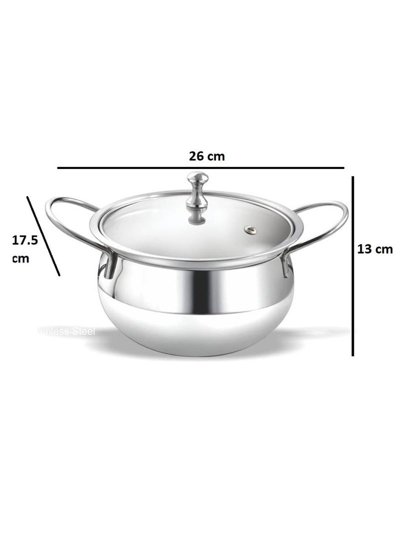 appeasy Stainless Steel Belly Shape SaucepotCasserole Handi with Glass Lid15L Pack of 1